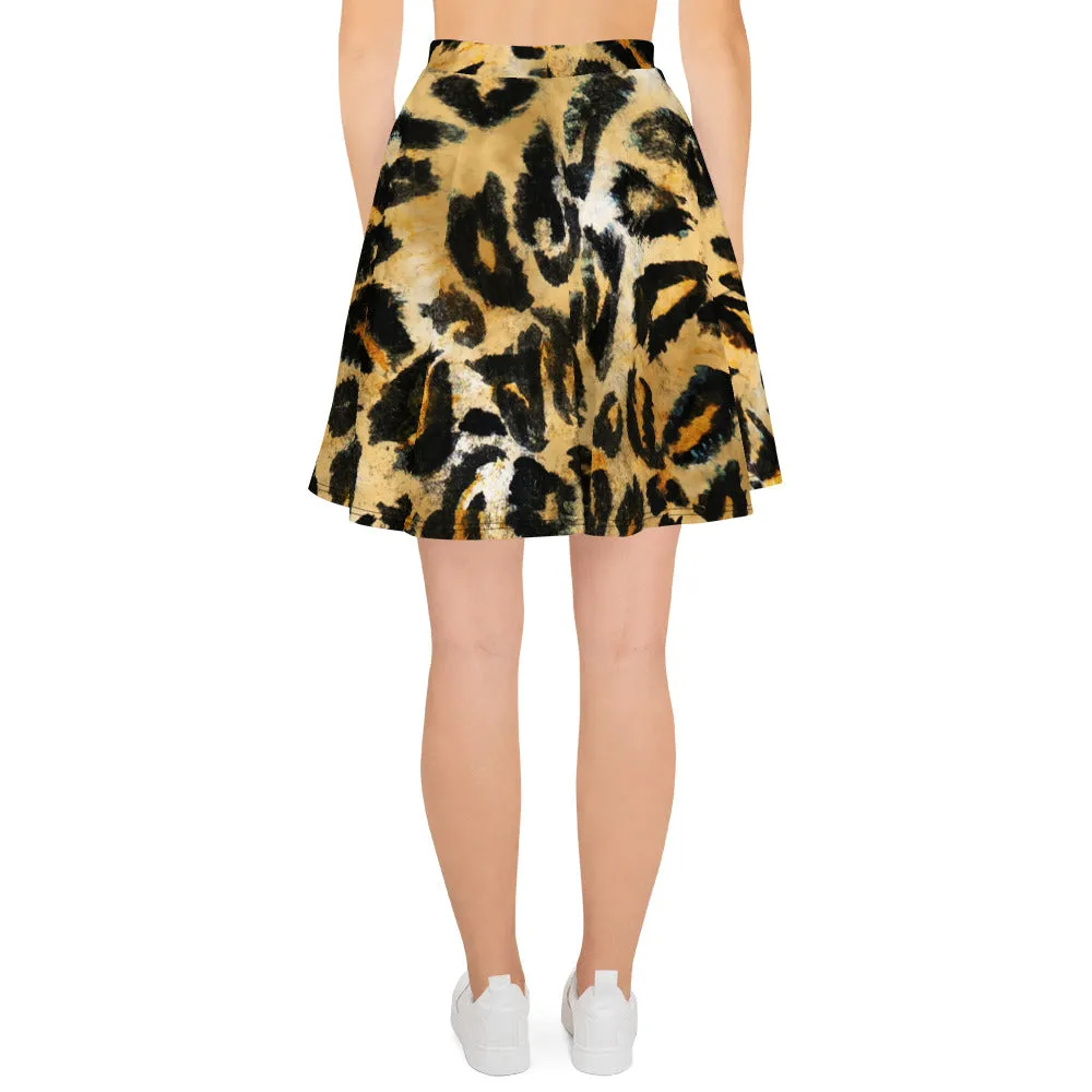 Leopard Print Women's Skater Skirt, Premium Animal Print High Waist Skirt- Made in USA/EU