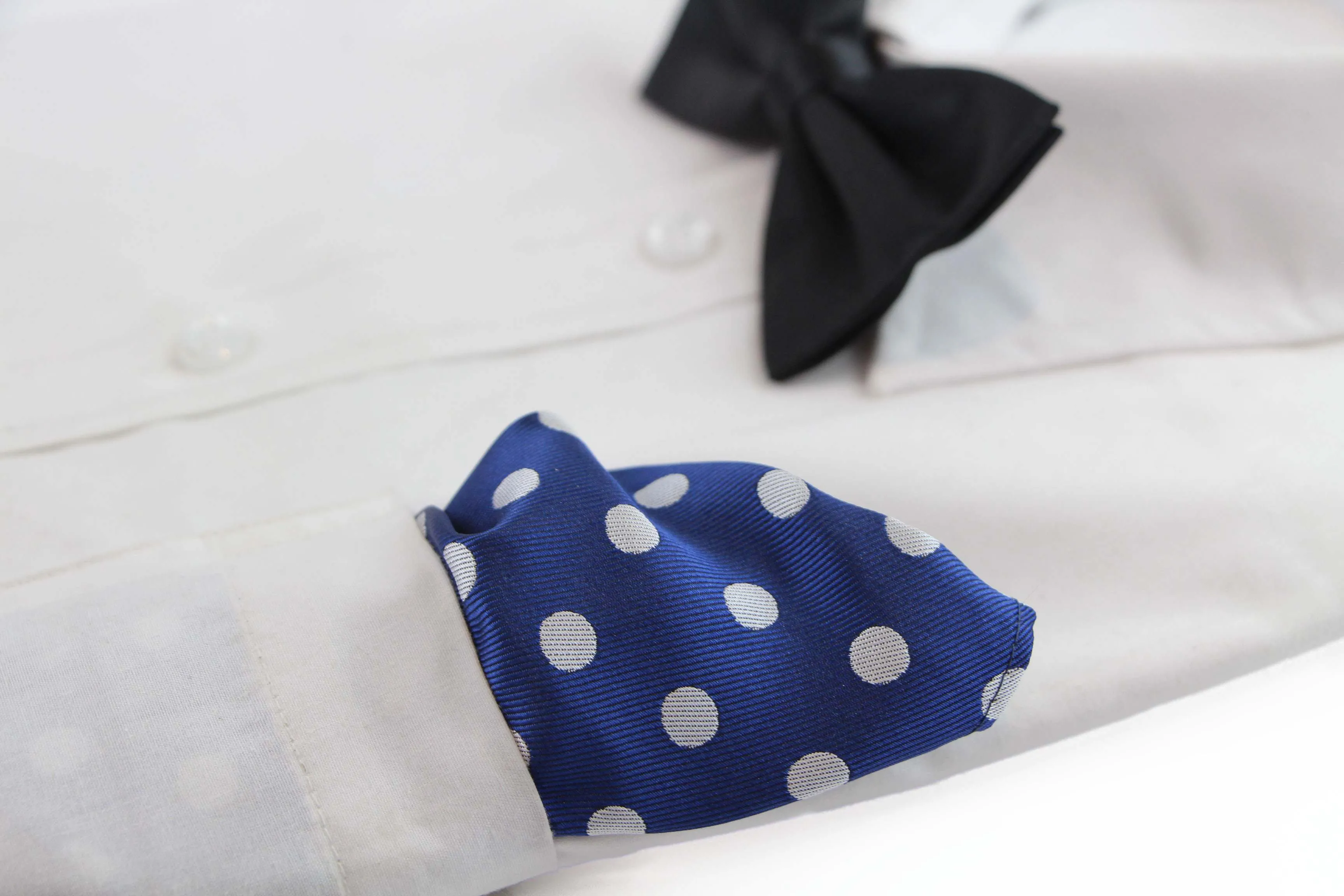 Mens Navy & Silver Large Polka Dot Silk Pocket Square