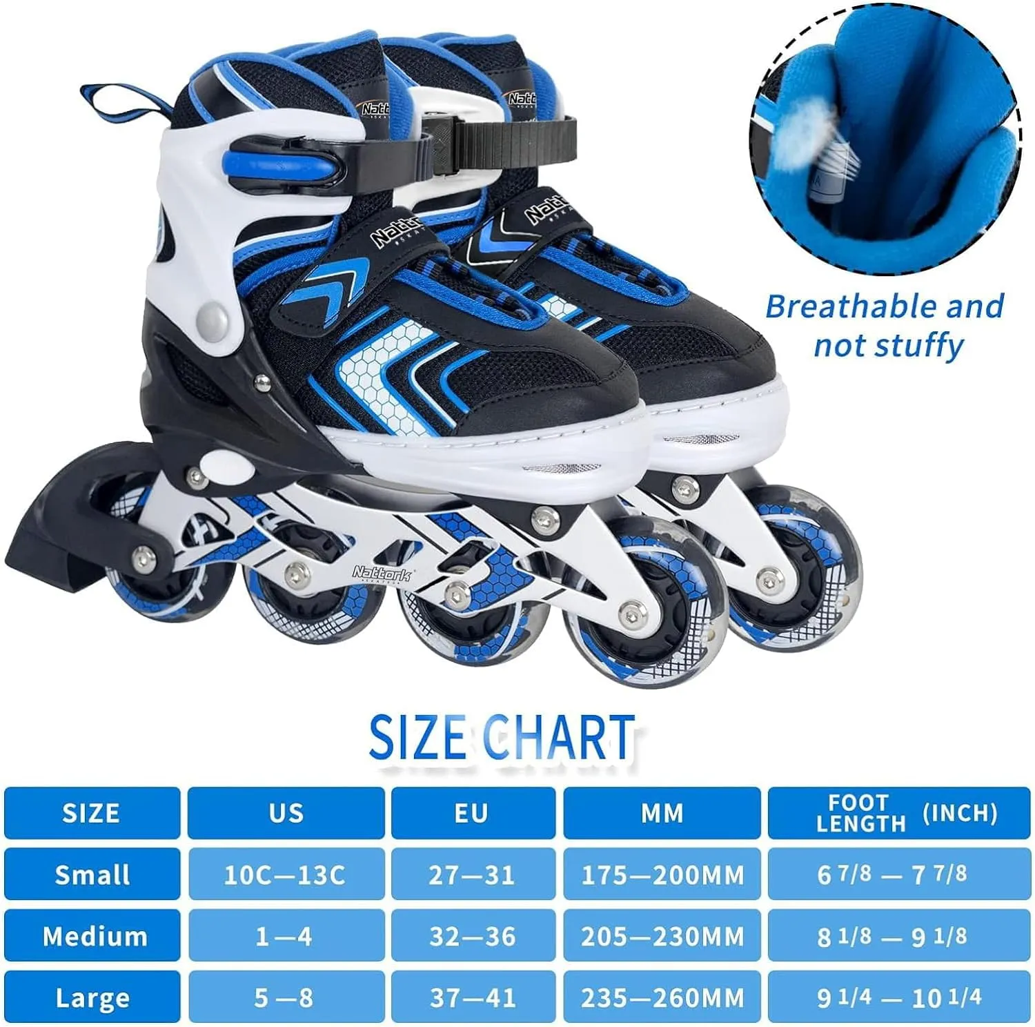 Nattork Adjustable Inline Skates for Kids - Blue