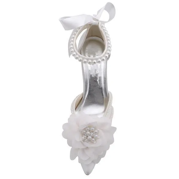 Pearls Women Wedding Shoes With Ribbons Lace Up Party Shoes Pointed Toes, SY0125