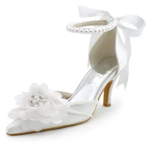 Pearls Women Wedding Shoes With Ribbons Lace Up Party Shoes Pointed Toes, SY0125