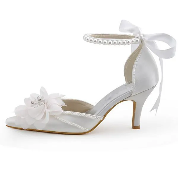 Pearls Women Wedding Shoes With Ribbons Lace Up Party Shoes Pointed Toes, SY0125