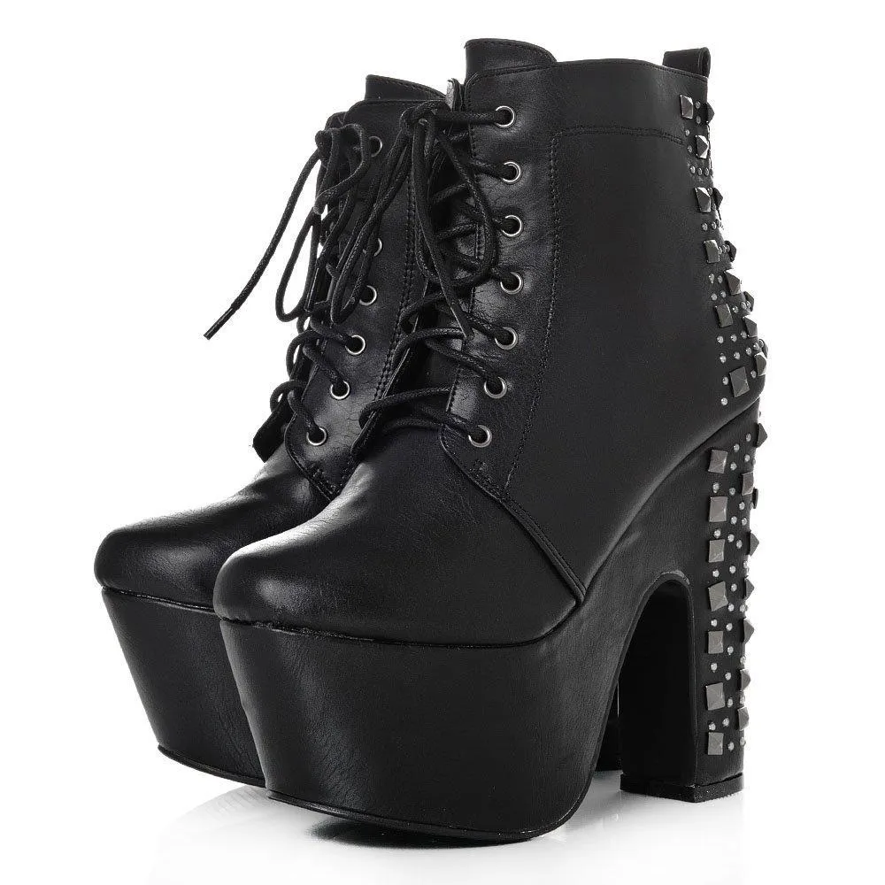 Portland Platform Block High Heel Lace Up Ankle Shoe Boot