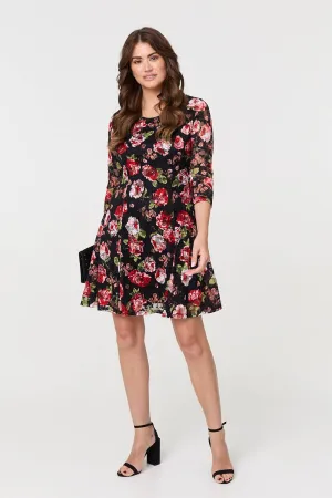 Rose Print 3/4 Sleeve Short Skater Dress