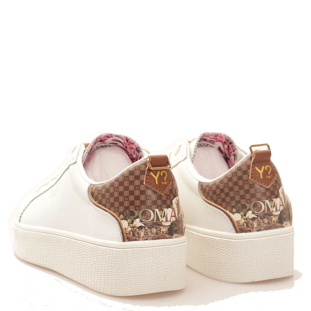 Scarpe Donna Y NOT Sneakers linea YES in Pelle Bianca stampa Roma