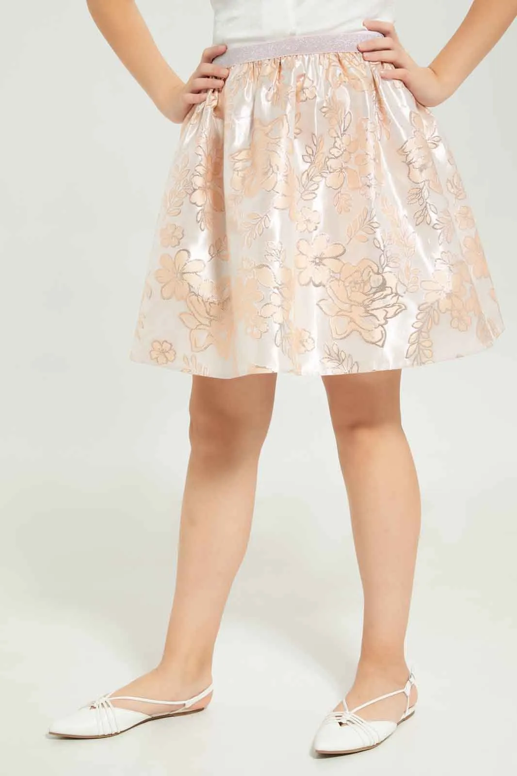 Senior Girls Beige Floral Print Skirt