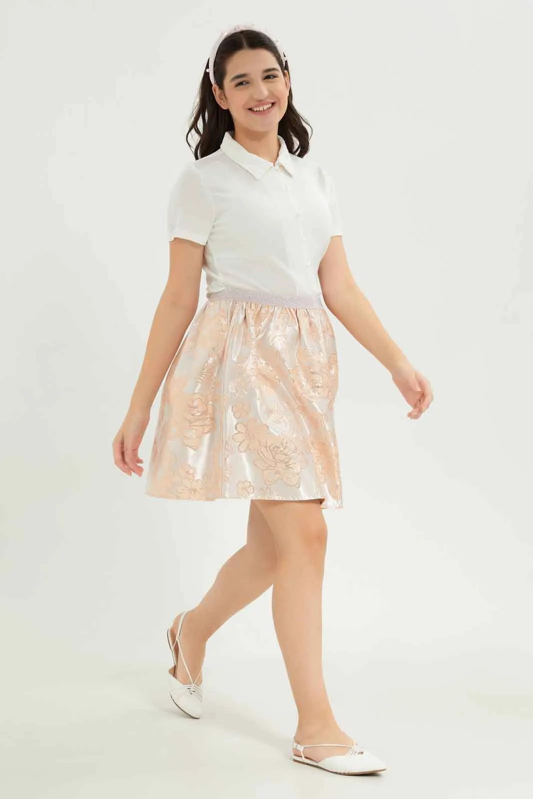 Senior Girls Beige Floral Print Skirt