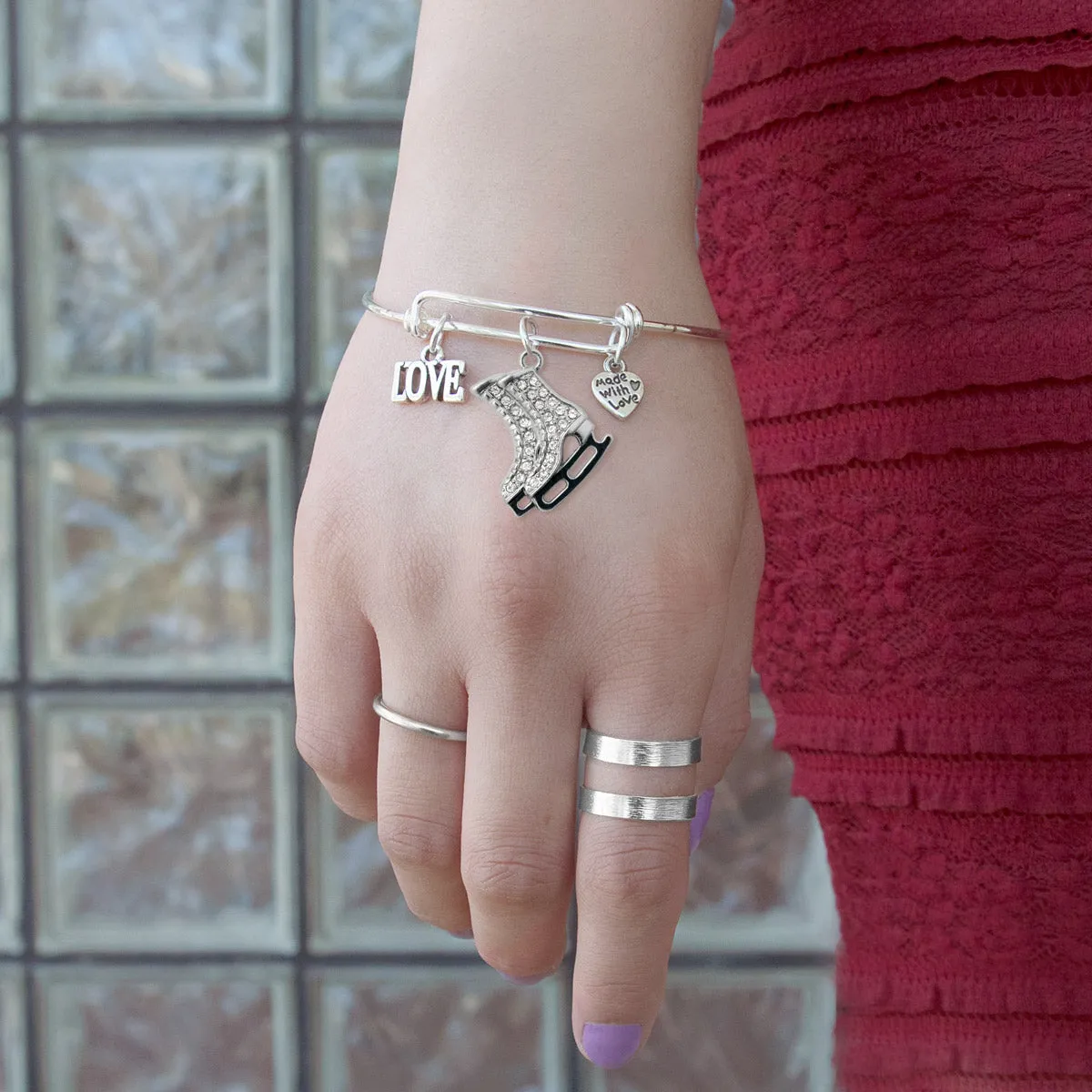 Silver Love Ice Skates Charm Wire Bangle Bracelet