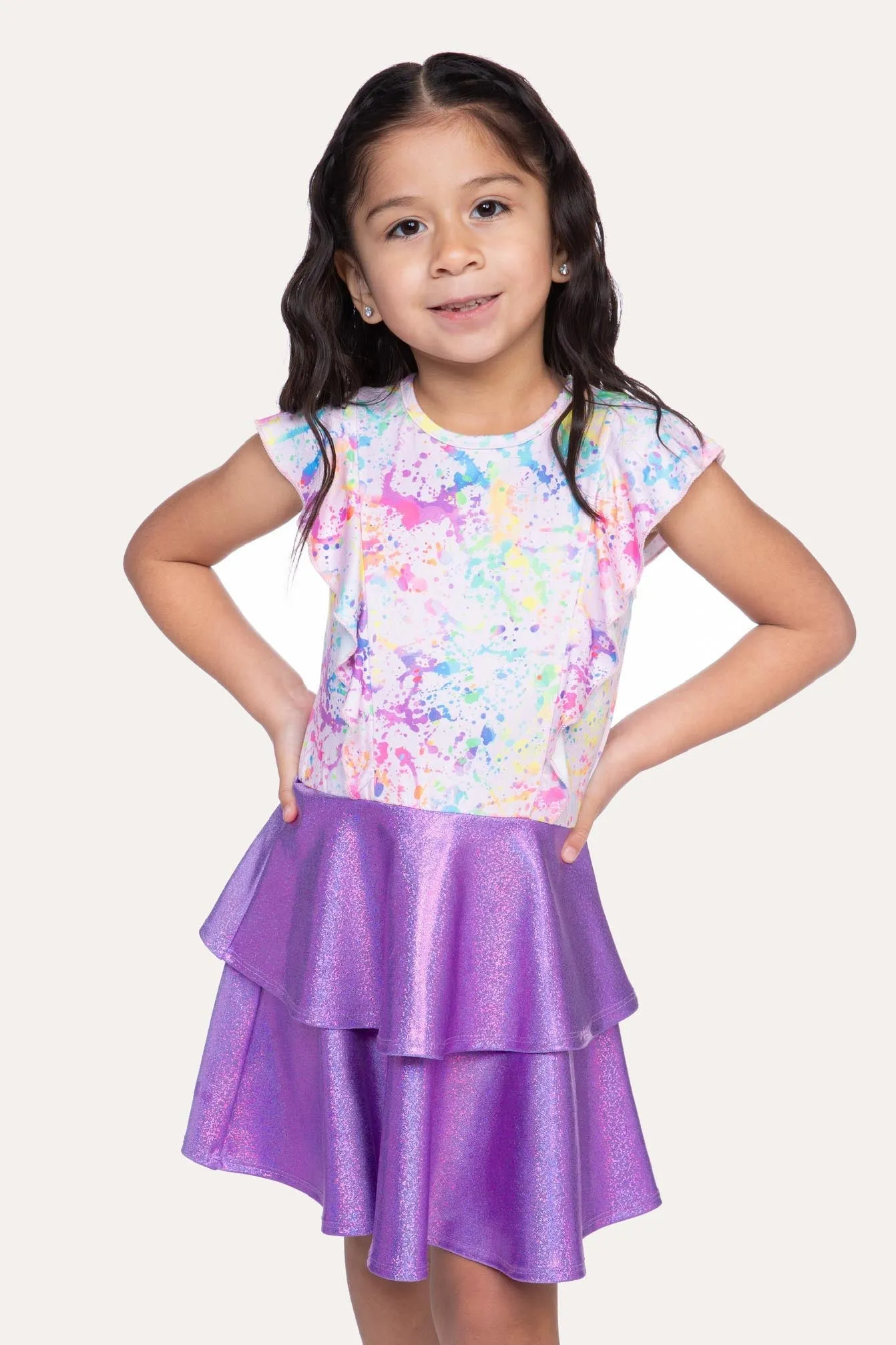 Simply Soft Flutter Ruffle Skirt Dress - Rainbow Splatter Purple Glitter