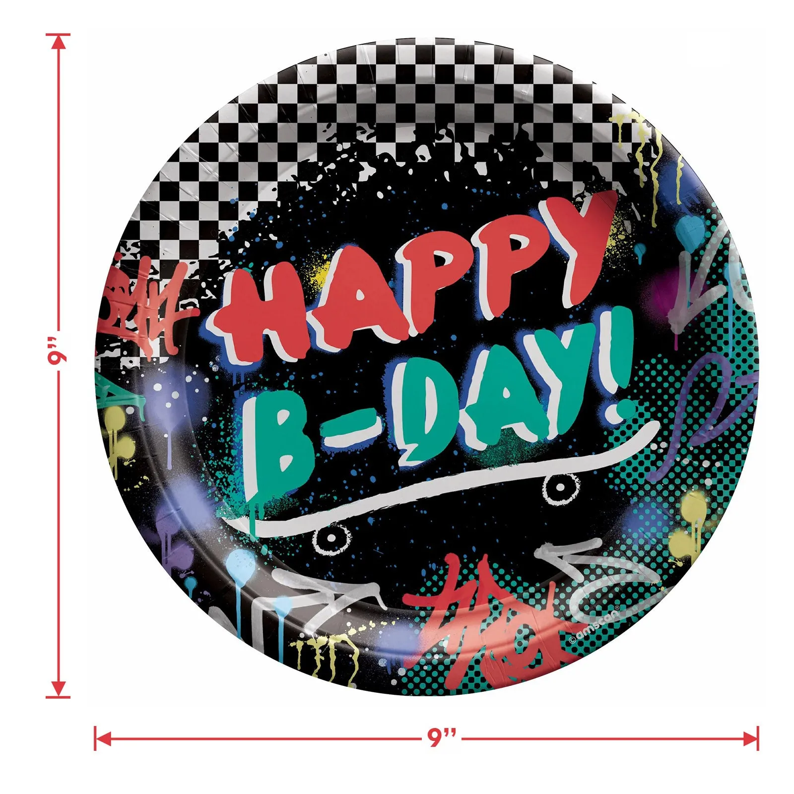 Skater Party Black and White Checkered Graffiti Happy Birthday Paper Dinner Plates and Napkins (Serves 16)