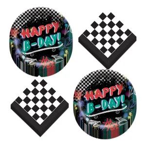 Skater Party Black and White Checkered Graffiti Happy Birthday Paper Dinner Plates and Napkins (Serves 16)