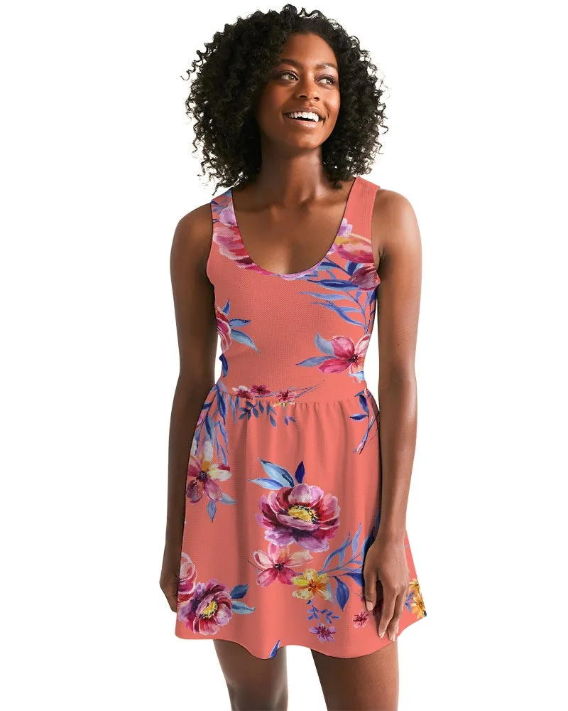 SMF Rose Pattern Feminine Scoop Neck Skater Dress