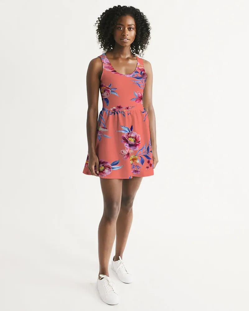 SMF Rose Pattern Feminine Scoop Neck Skater Dress