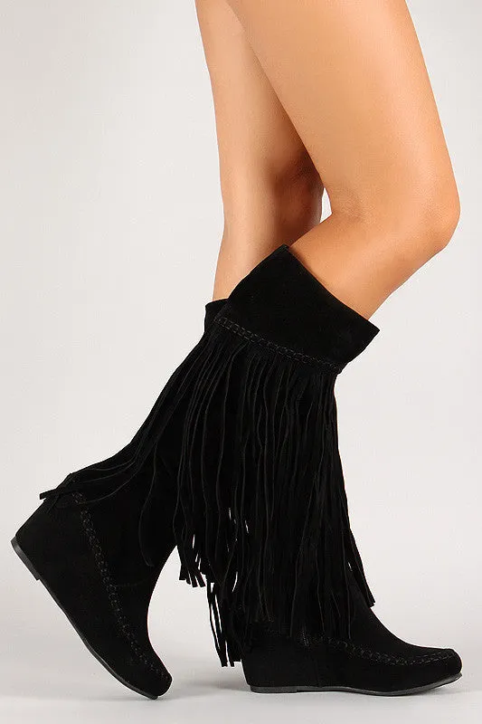 Suede Fringe Knee High Wedge Boot