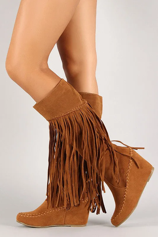 Suede Fringe Knee High Wedge Boot