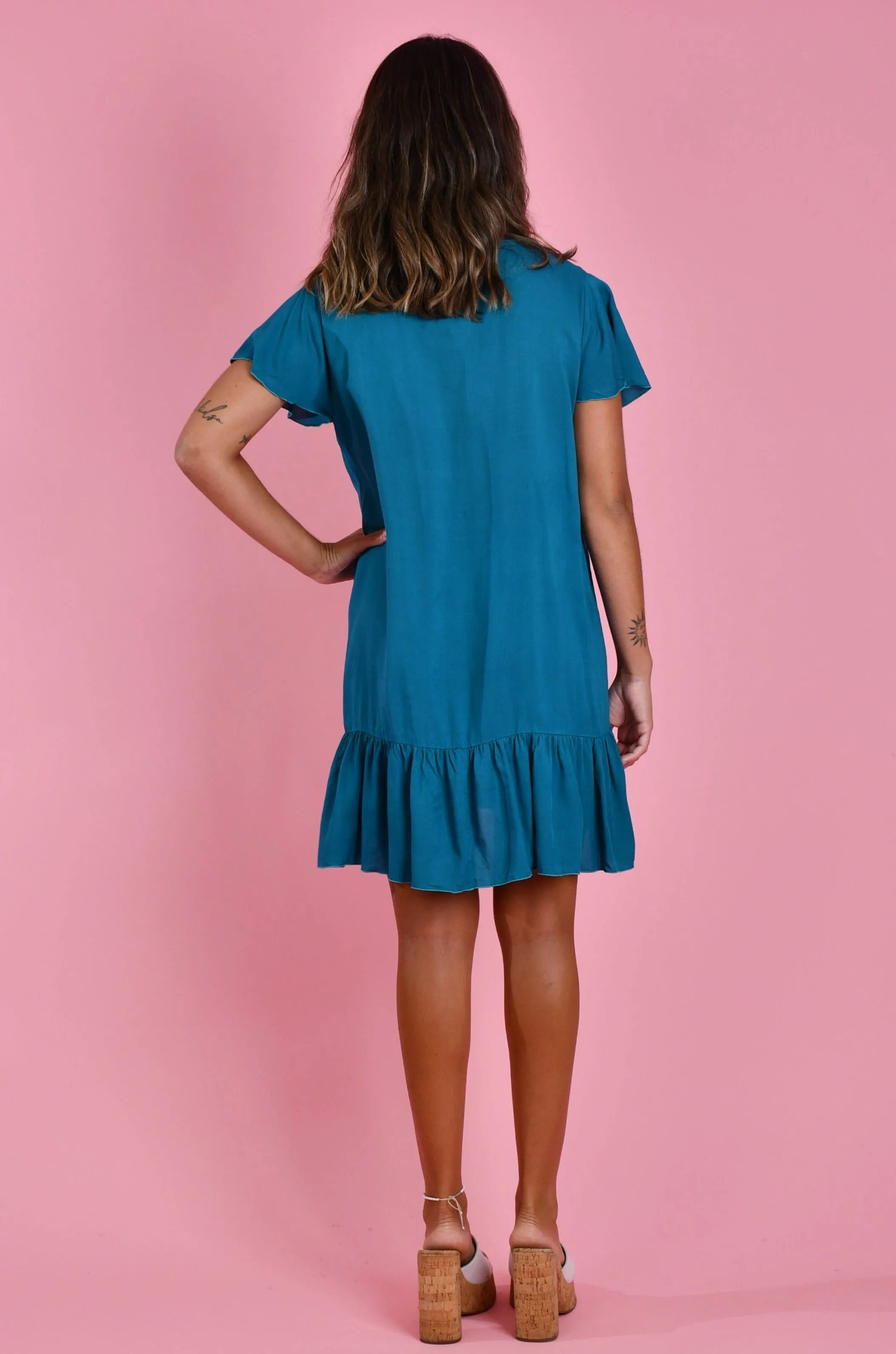 VGLD219 - CAP SLEEVE BUTTON DRESS - TEAL