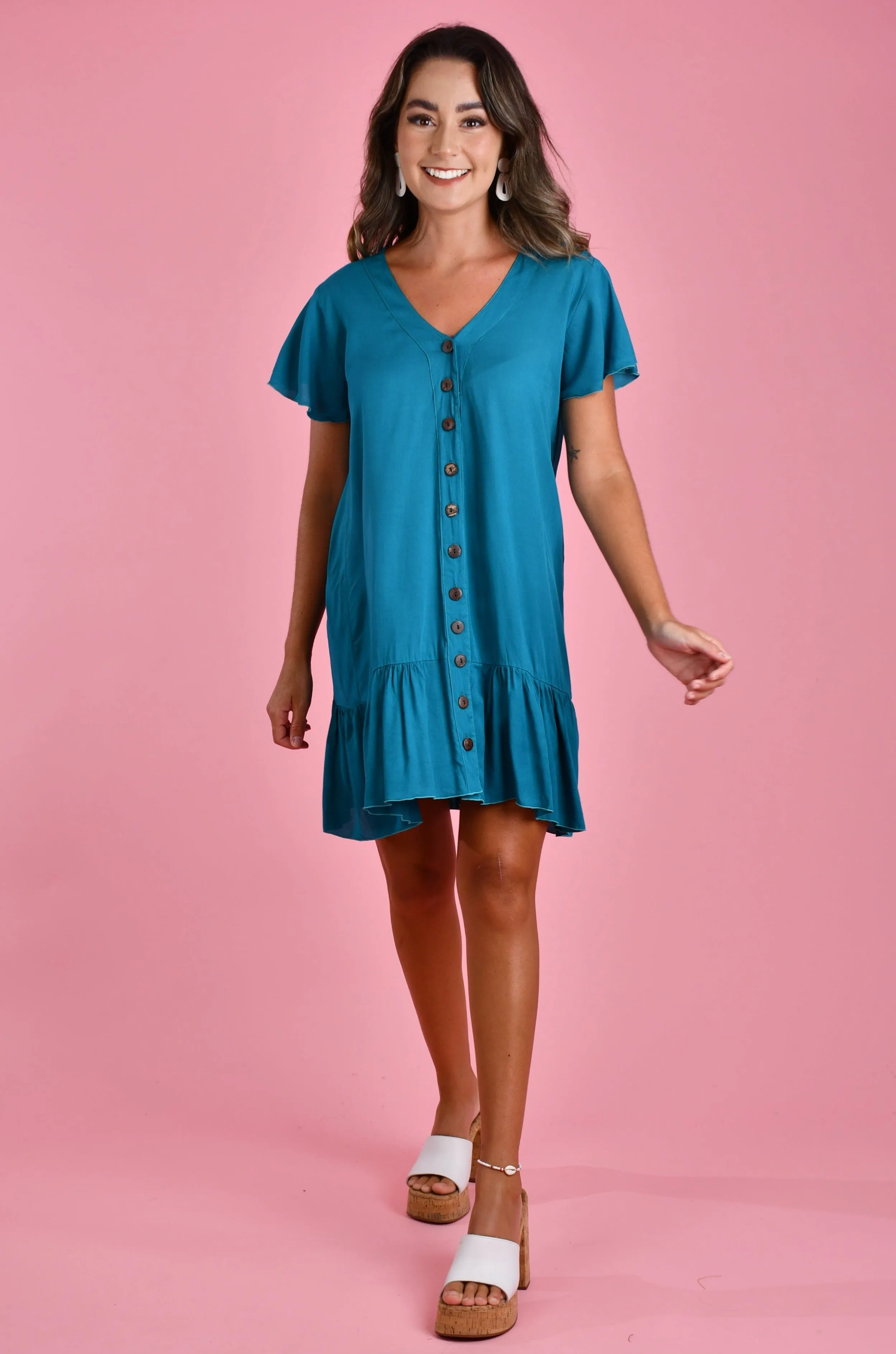 VGLD219 - CAP SLEEVE BUTTON DRESS - TEAL