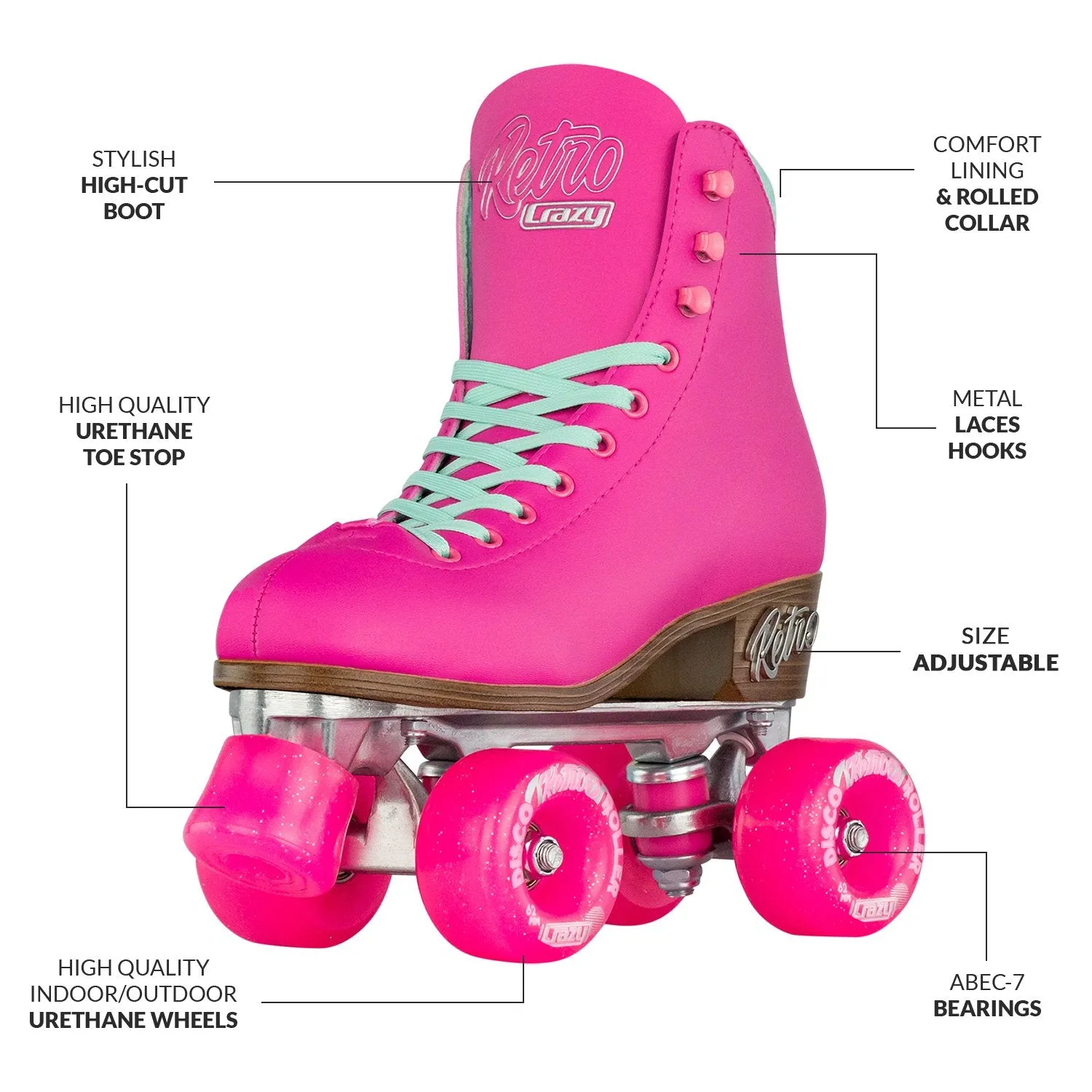 Warehouse Deal | RETRO Pink - Size Adjustable Roller Skates