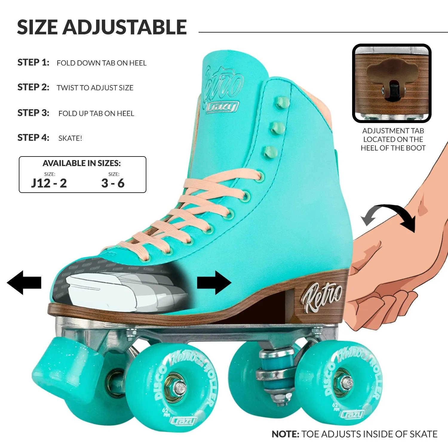 Warehouse Deal | RETRO Teal - Size Adjustable Roller Skates