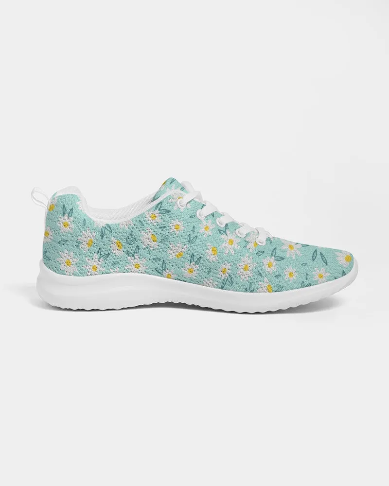 White Daisy Women Athletic Sneakers, Flower Green Lace Up Breathable Shoe Canvas Print Designer