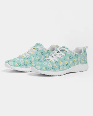 White Daisy Women Athletic Sneakers, Flower Green Lace Up Breathable Shoe Canvas Print Designer