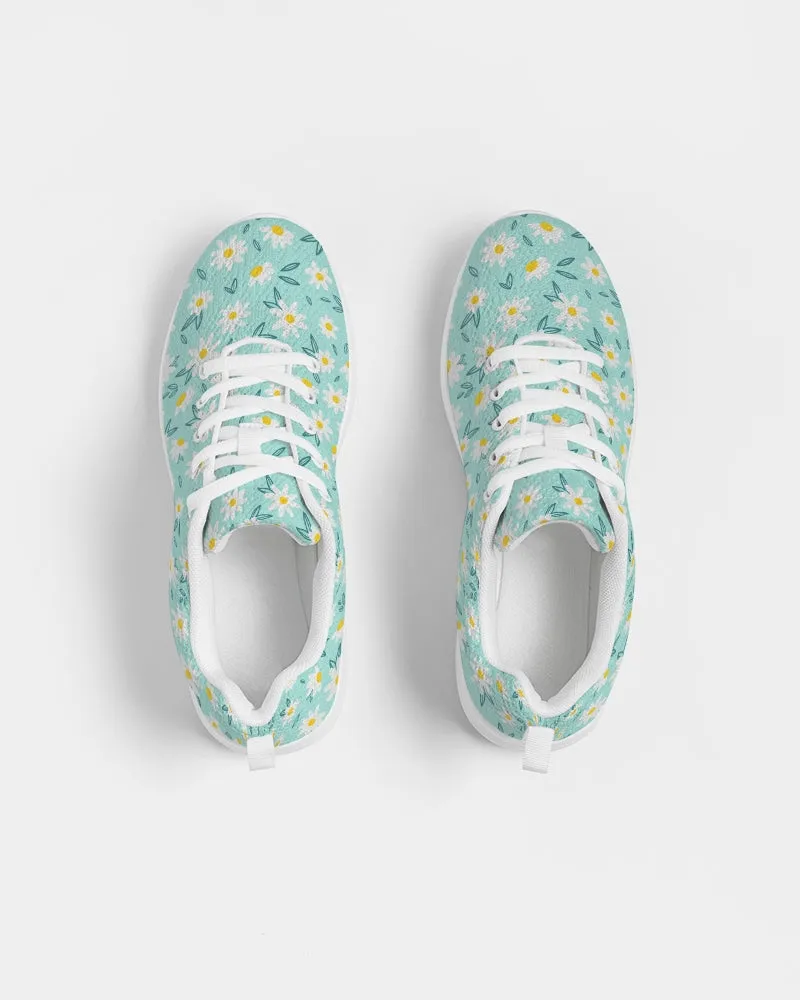 White Daisy Women Athletic Sneakers, Flower Green Lace Up Breathable Shoe Canvas Print Designer