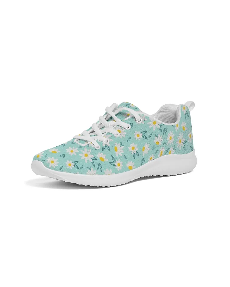 White Daisy Women Athletic Sneakers, Flower Green Lace Up Breathable Shoe Canvas Print Designer