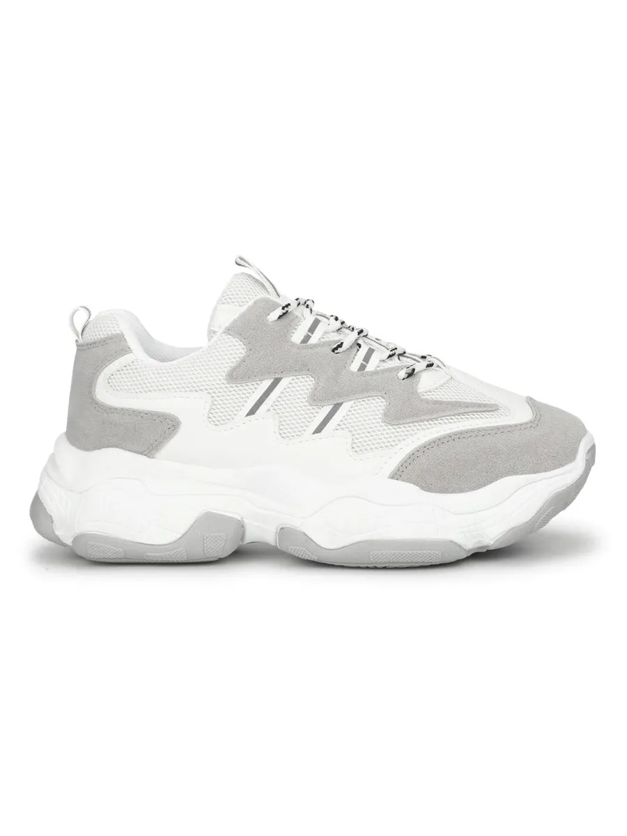 White-Grey Mesh PU Lace-Up Chunky Sneakers