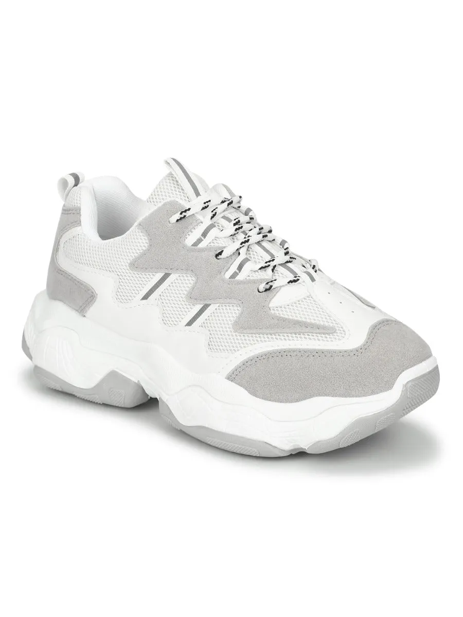 White-Grey Mesh PU Lace-Up Chunky Sneakers