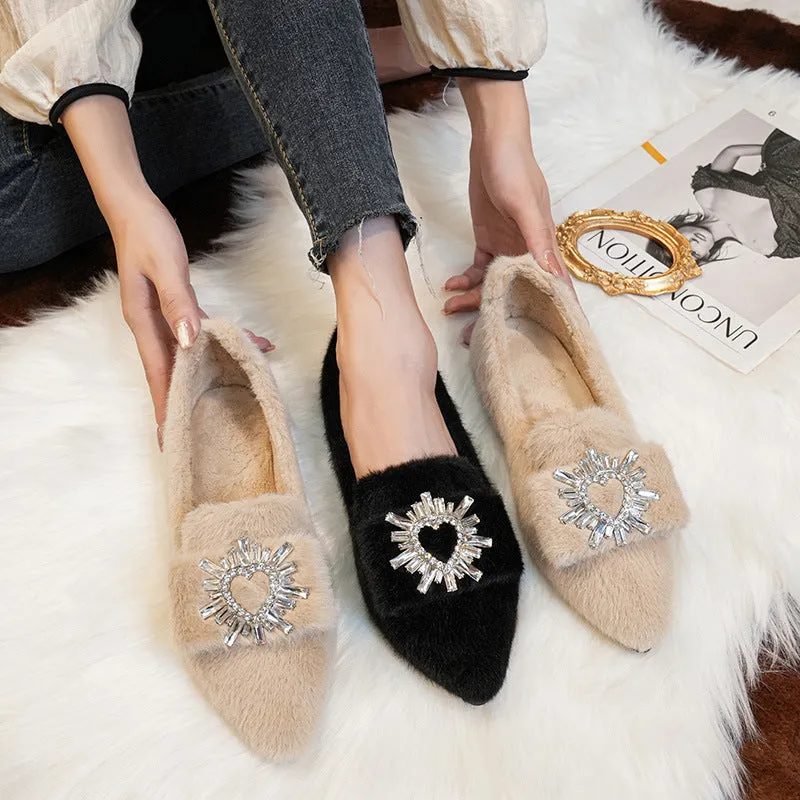 Women Faux-Fur Loafers Warm Winter Fleece Flat Pointed Rhinestones Casual Shoes