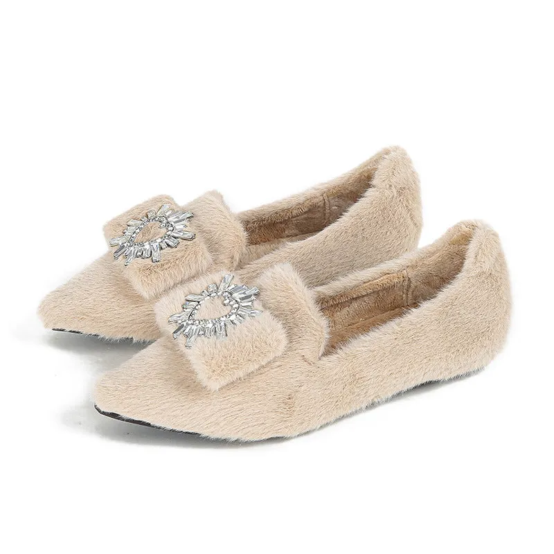 Women Faux-Fur Loafers Warm Winter Fleece Flat Pointed Rhinestones Casual Shoes