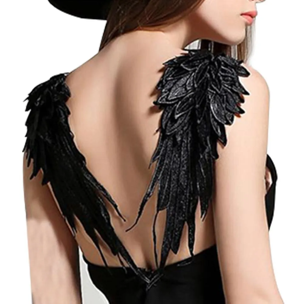 Women's Black Plunge V-Neck Angel Wings Open Back Skater Cami Mini Dress