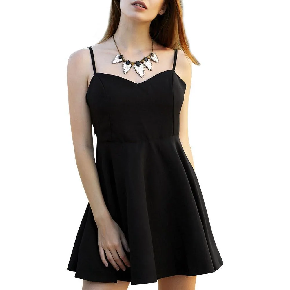 Women's Black Plunge V-Neck Angel Wings Open Back Skater Cami Mini Dress