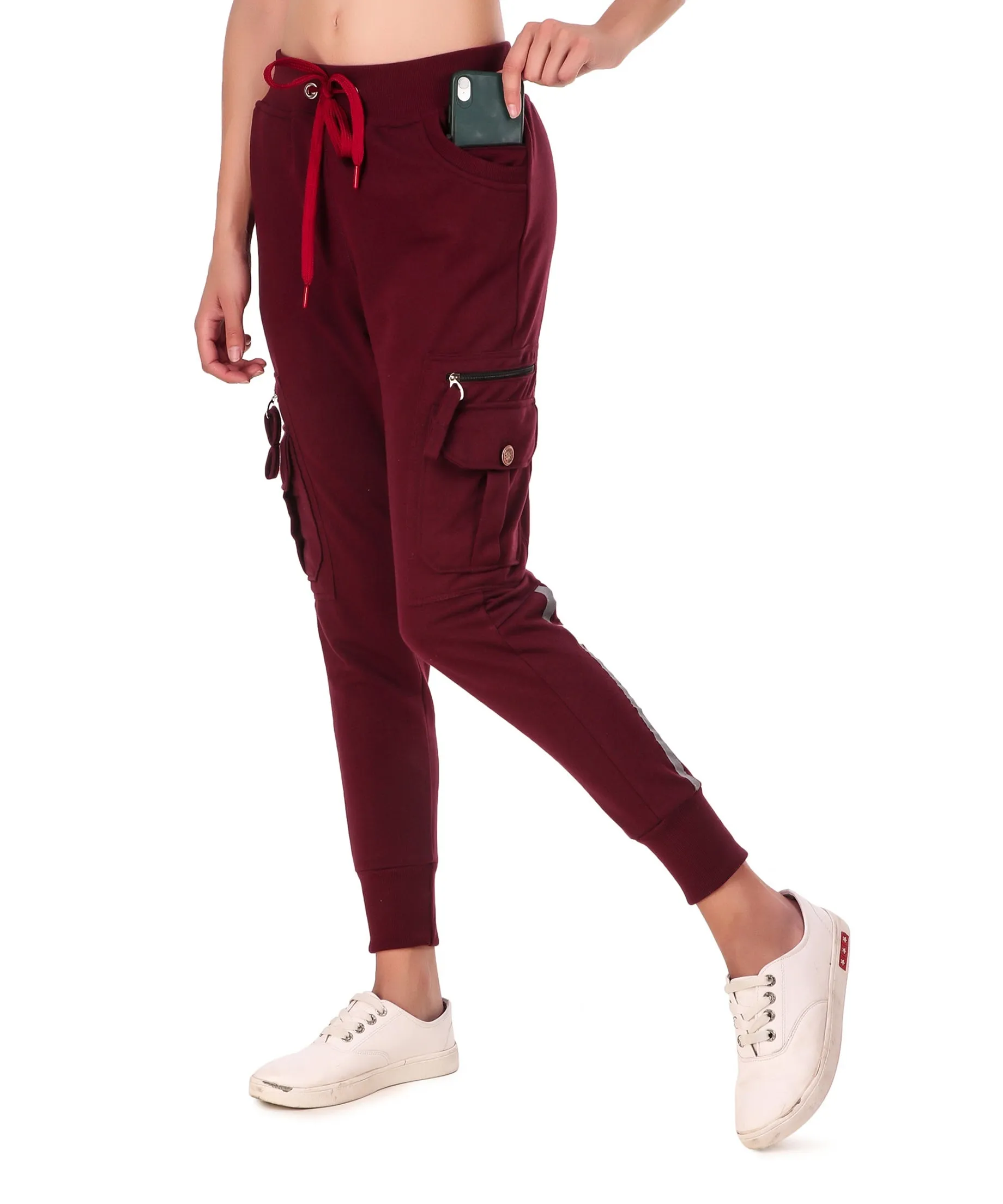 Women's Cotton Slim Fit Cargo Joggers Track Pants with 4 Zippered Pockets