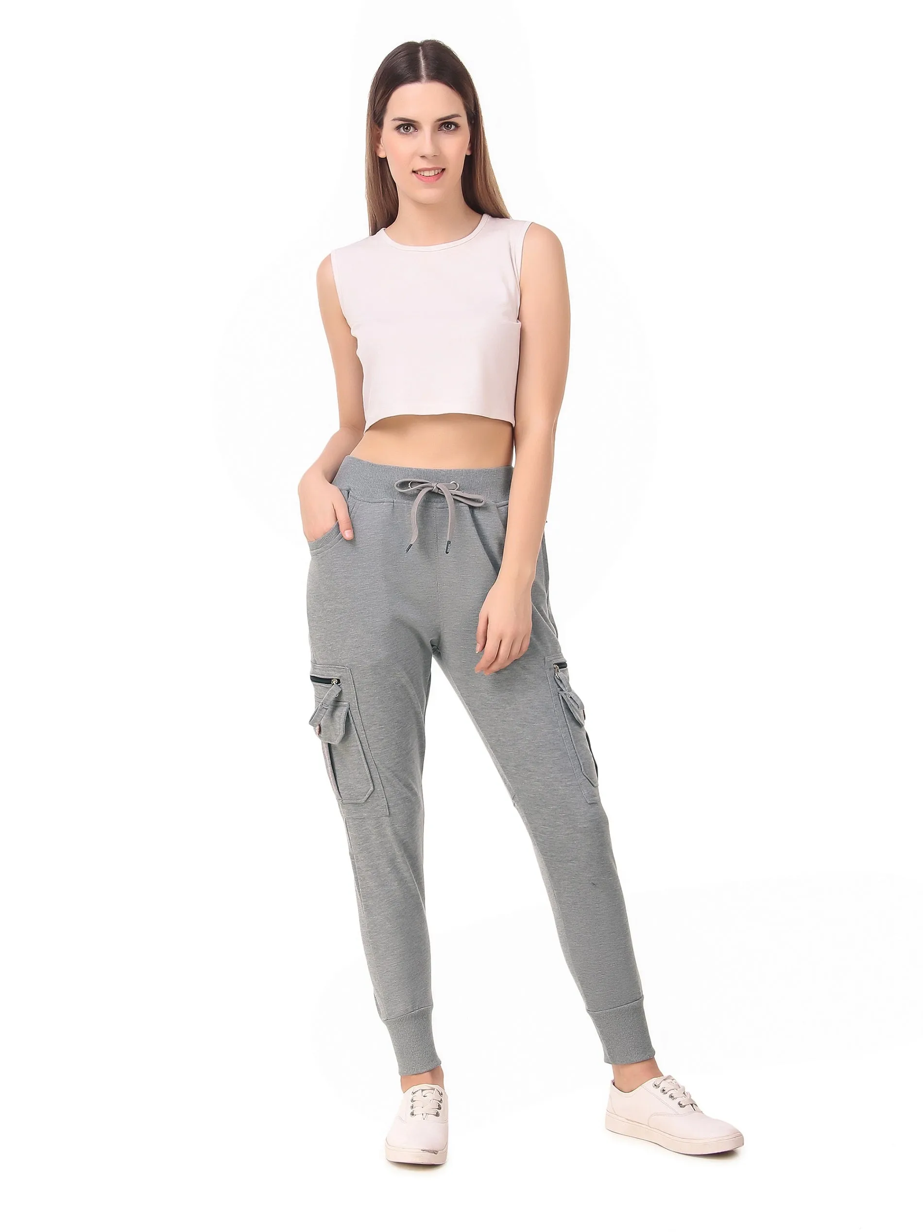 Women's Cotton Slim Fit Cargo Joggers Track Pants with 4 Zippered Pockets