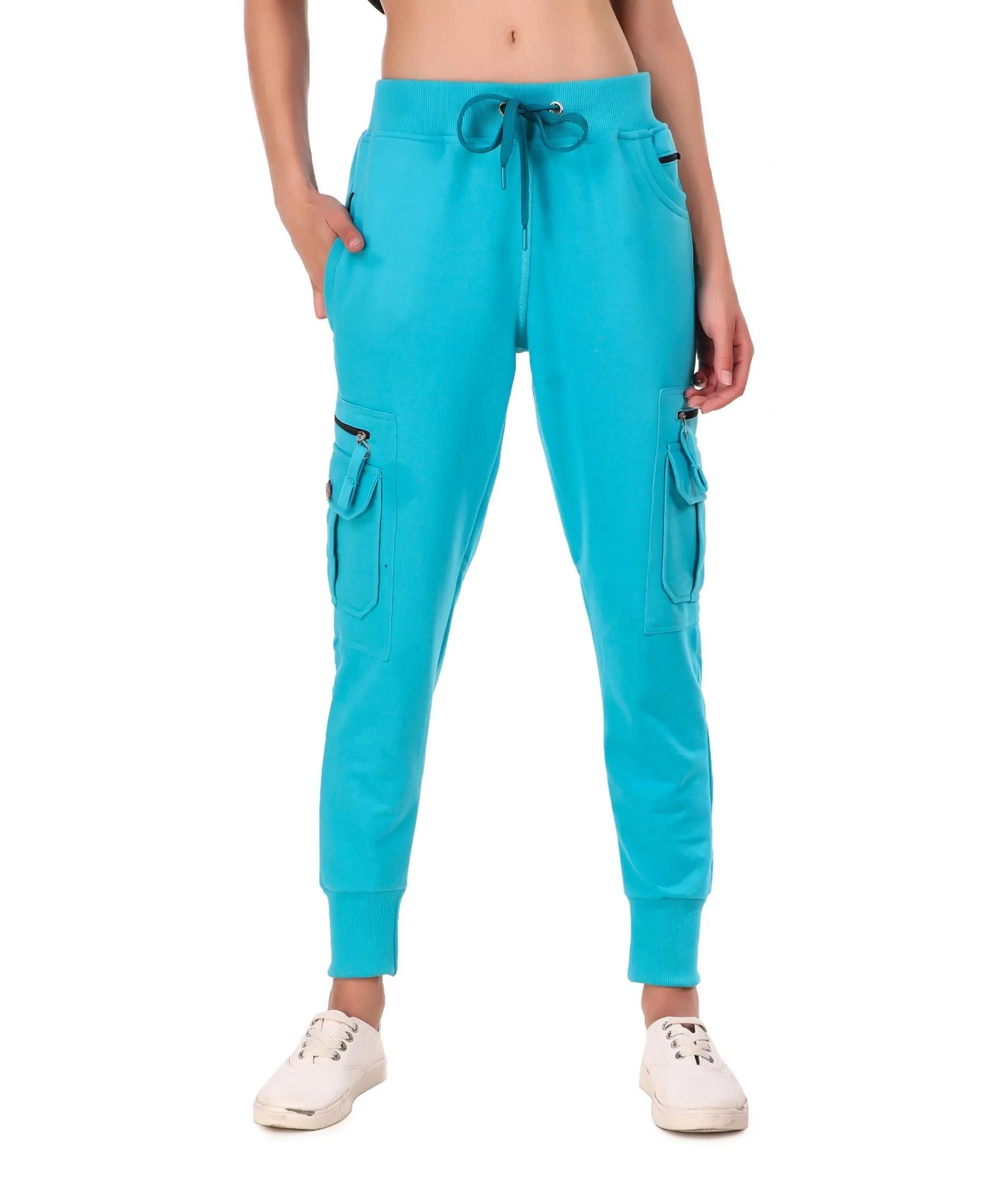 Women's Cotton Slim Fit Cargo Joggers Track Pants with 4 Zippered Pockets