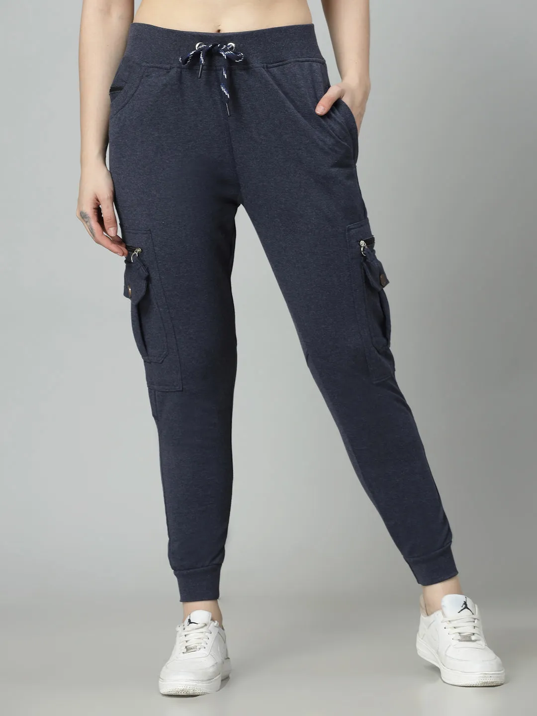 Women's Cotton Slim Fit Cargo Joggers Track Pants with 4 Zippered Pockets