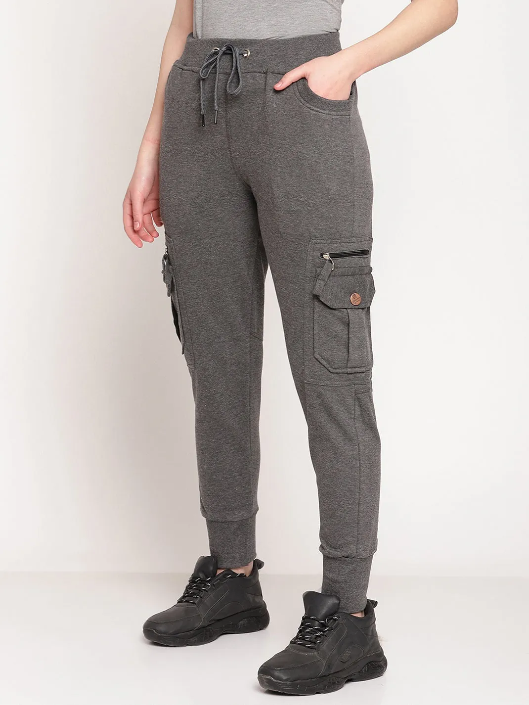 Women's Cotton Slim Fit Cargo Joggers Track Pants with 4 Zippered Pockets