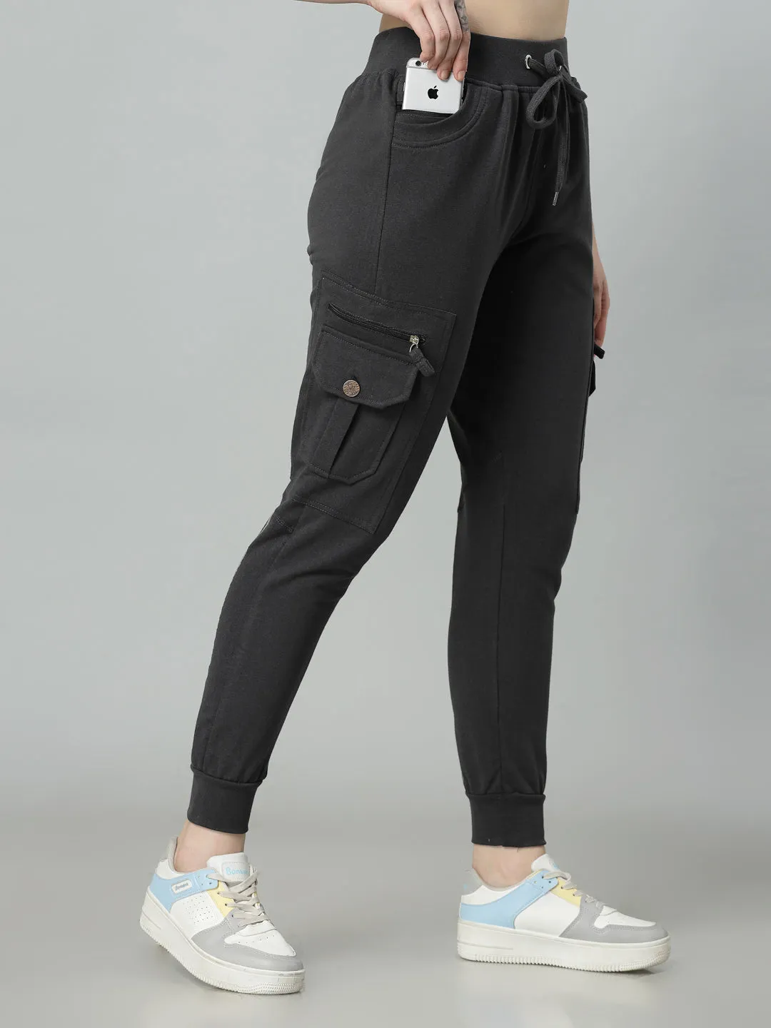 Women's Cotton Slim Fit Cargo Joggers Track Pants with 4 Zippered Pockets