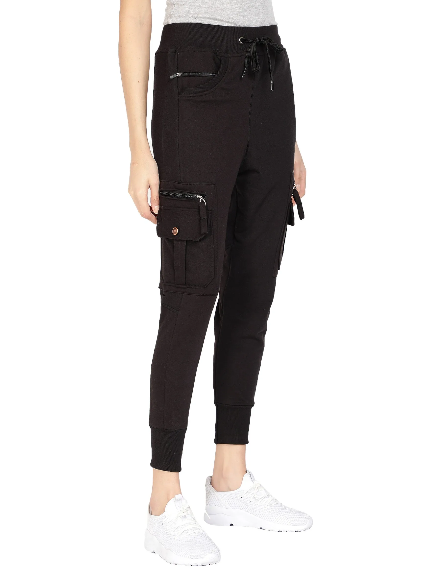 Women's Cotton Slim Fit Cargo Joggers Track Pants with 4 Zippered Pockets