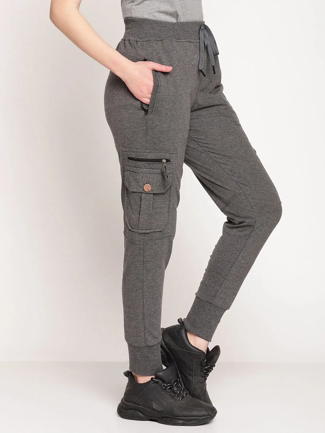 Women's Cotton Slim Fit Cargo Joggers Track Pants with 4 Zippered Pockets