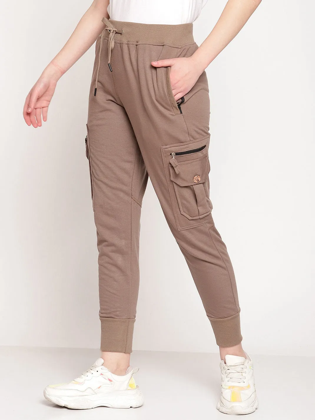 Women's Cotton Slim Fit Cargo Joggers Track Pants with 4 Zippered Pockets