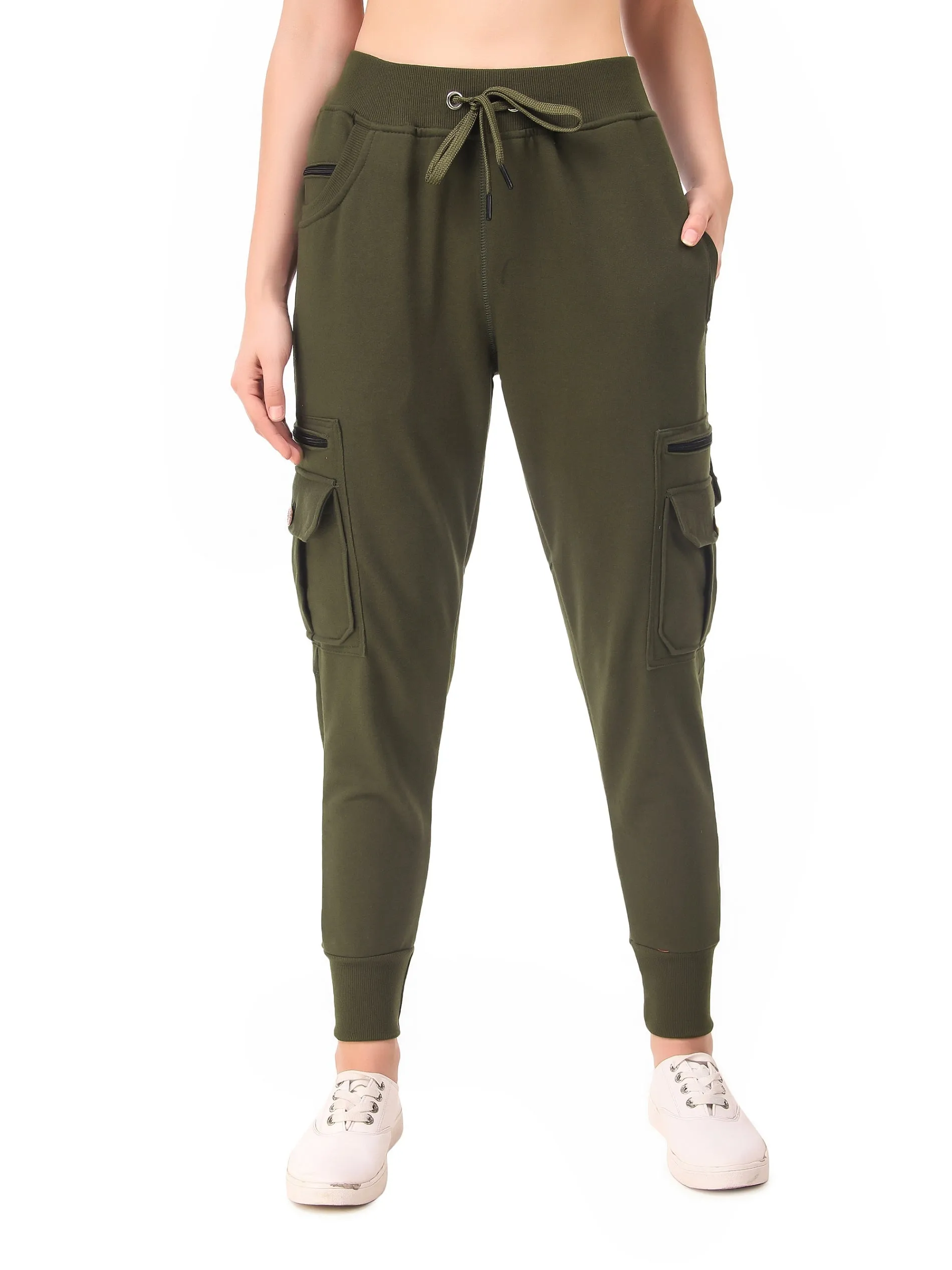 Women's Cotton Slim Fit Cargo Joggers Track Pants with 4 Zippered Pockets