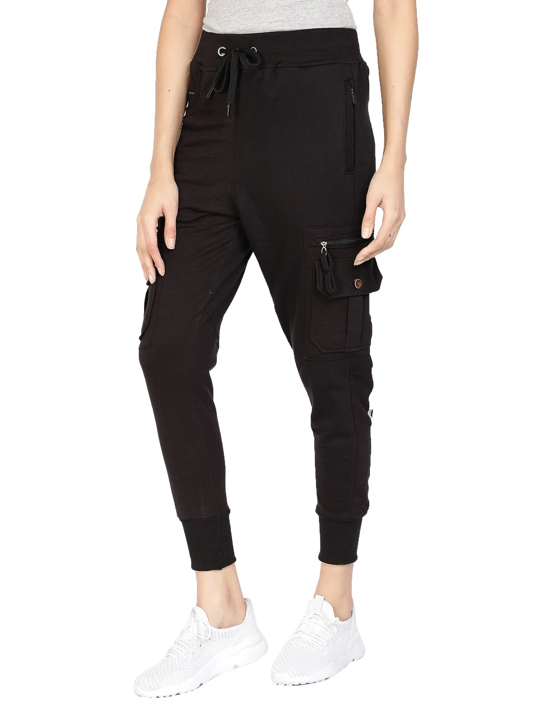 Women's Cotton Slim Fit Cargo Joggers Track Pants with 4 Zippered Pockets