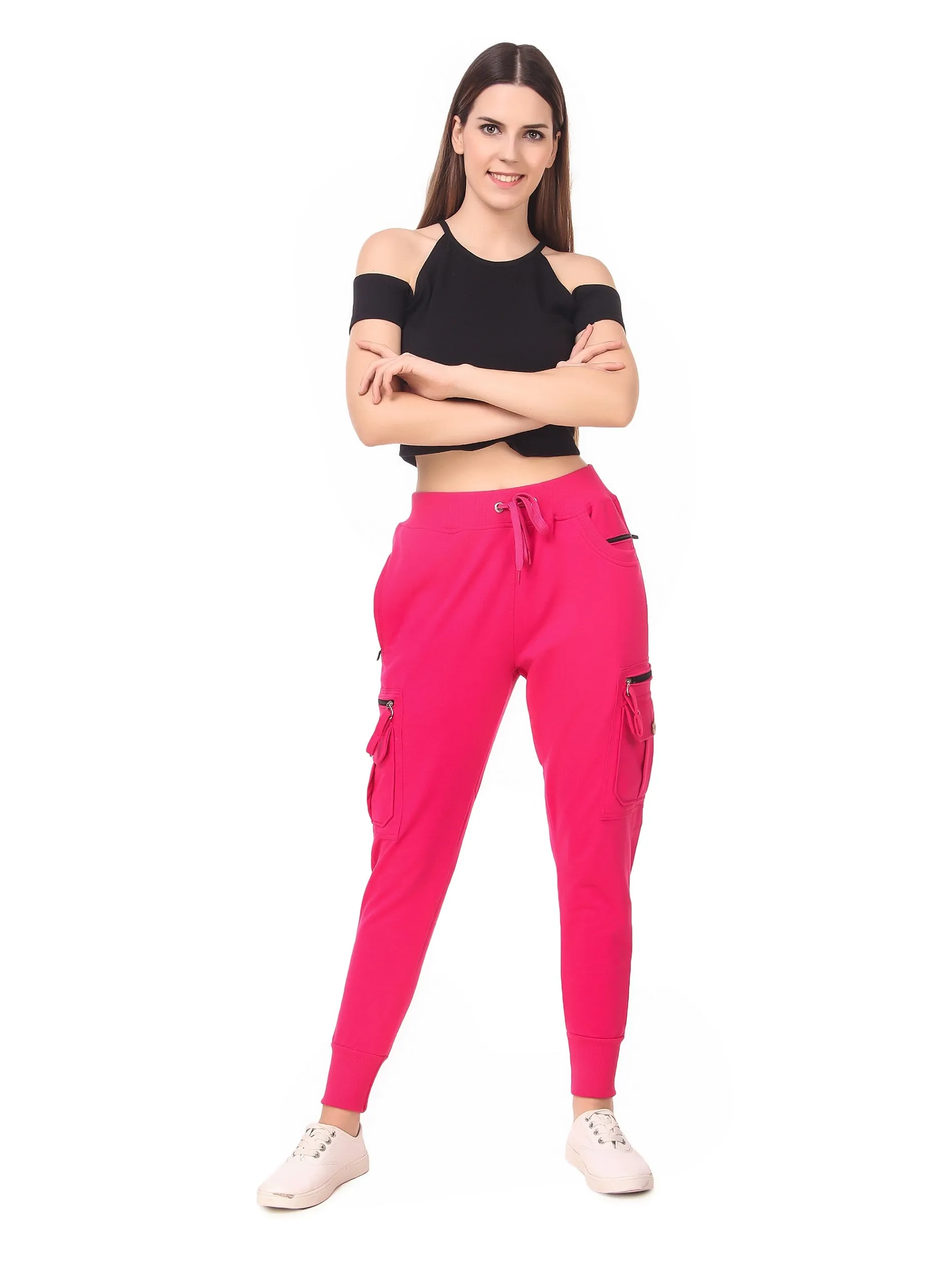 Women's Cotton Slim Fit Cargo Joggers Track Pants with 4 Zippered Pockets