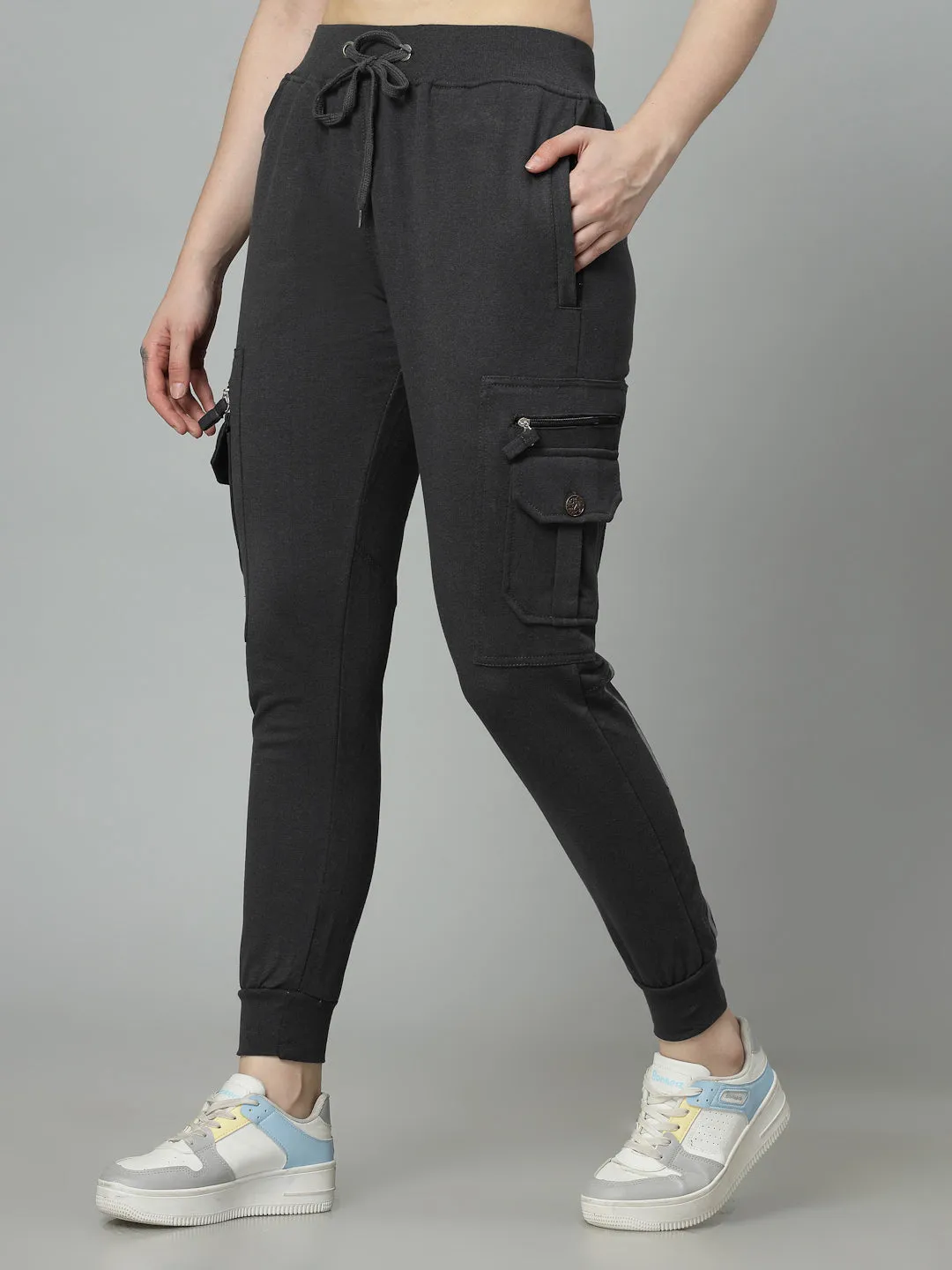 Women's Cotton Slim Fit Cargo Joggers Track Pants with 4 Zippered Pockets